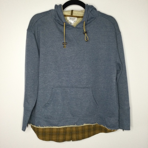 Tru Luxe Layered Hoodie with Zippered Sleeves Blue Denim Flannel Size Medium - Picture 2 of 7